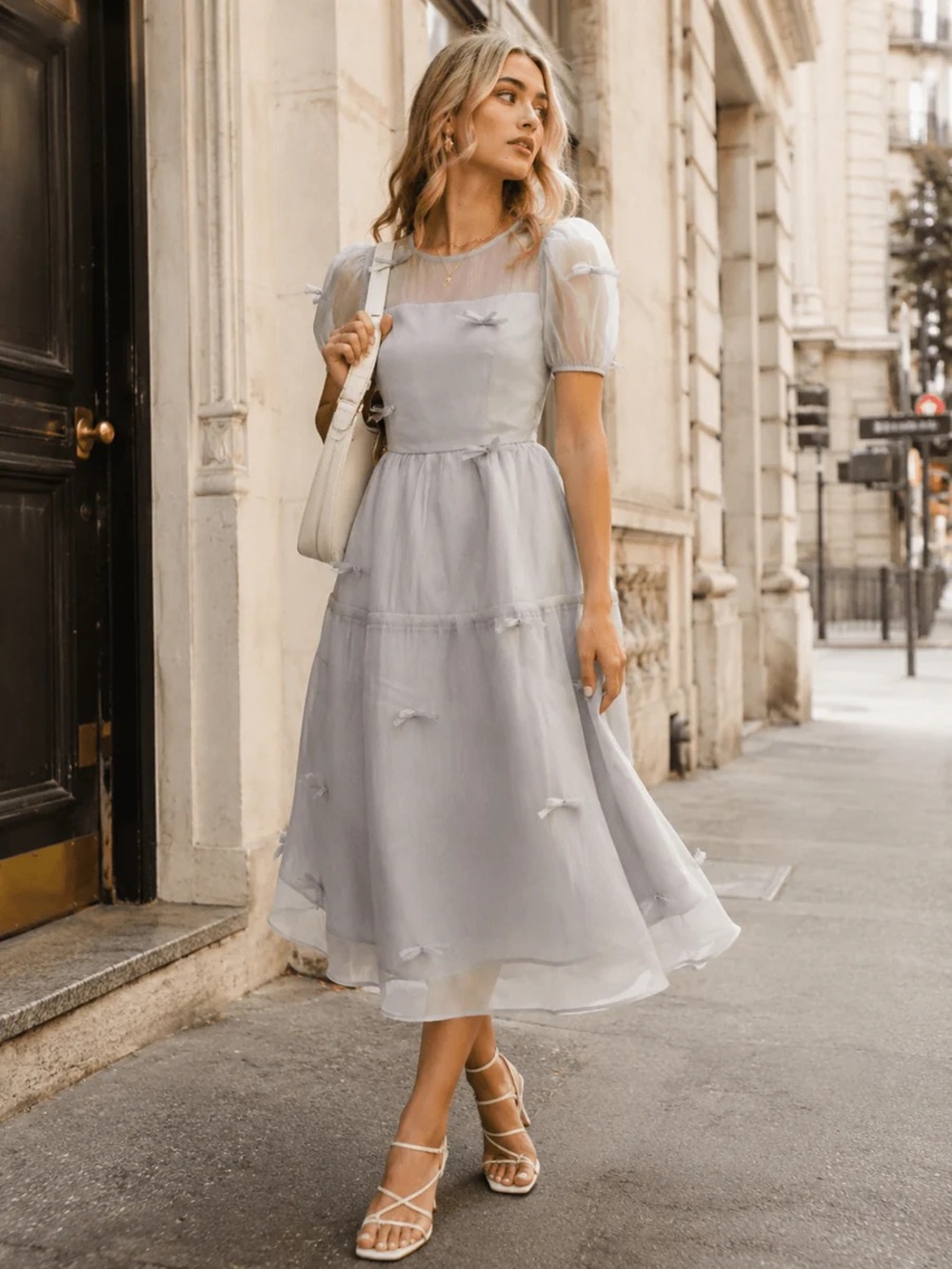 217 • Just Me Elegant Puff-Sleeve Midi Dress in Light Gray With Bow Detail